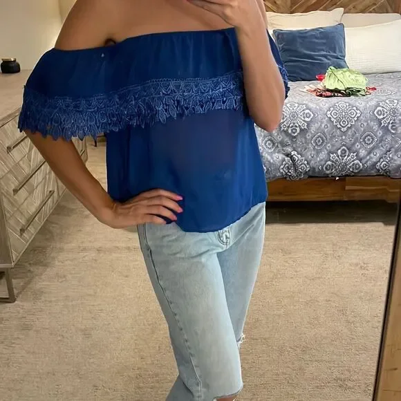 Women's Sheer Blue Cold Shoulder Top - Picture 1 of 2